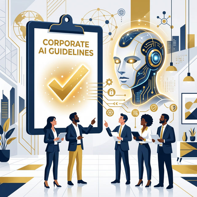 企業のガイドラインを表すクリップボードとAI、それを見る社員の様子