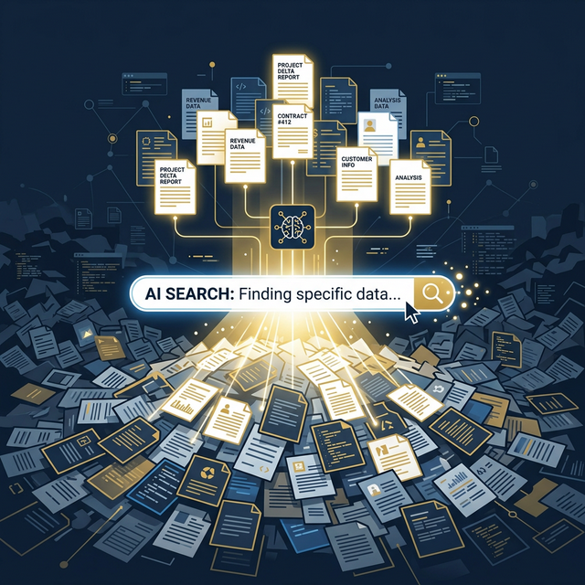 膨大な量のドキュメントやデータの中から、光り輝く検索バーを用いて瞬時に必要な情報を抽出している様子